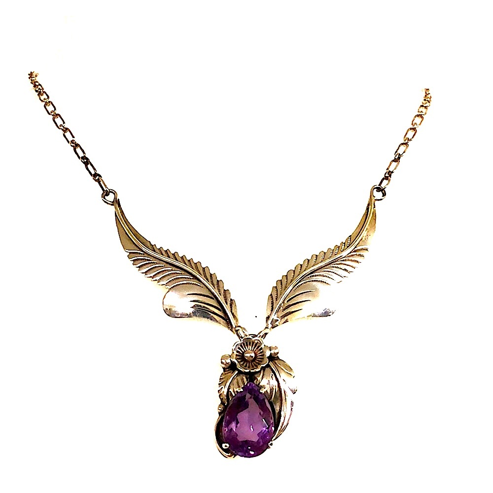 -Vintage Navajo Sterling Amethyst Winged Necklace